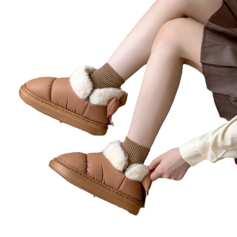 Winter Women Cute Warm Ankle Boots Outdoor Non-slip Thick Sole Snow Boots Furry Bow Cotton Shoes Men Pu Waterproof