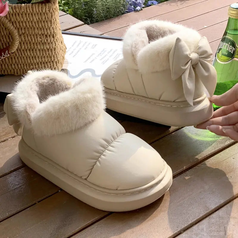 Winter Women Cute Warm Ankle Boots Outdoor Non-slip Thick Sole Snow Boots Furry Bow Cotton Shoes Men Pu Waterproof
