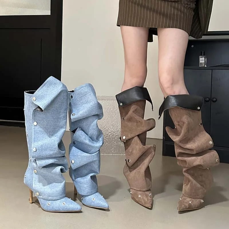 Women’s Fashion Buckle Stitching Stiletto Heel Denim Pleated Pile Style Boots