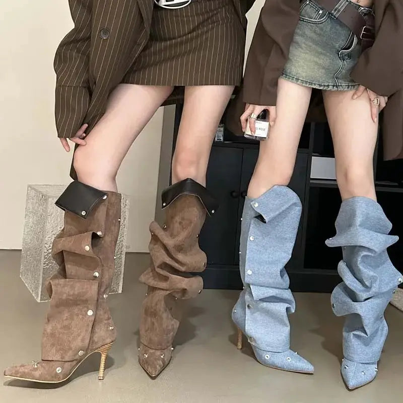 Women’s Fashion Buckle Stitching Stiletto Heel Denim Pleated Pile Style Boots