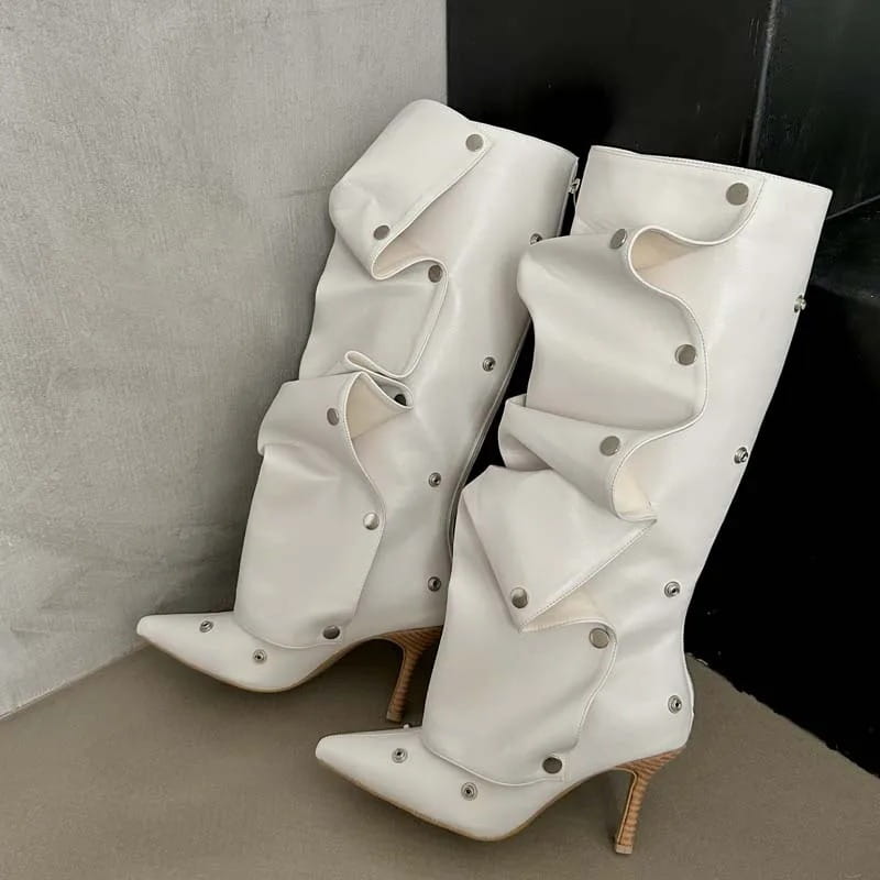 Women’s Fashion Buckle Stitching Stiletto Heel Denim Pleated Pile Style Boots