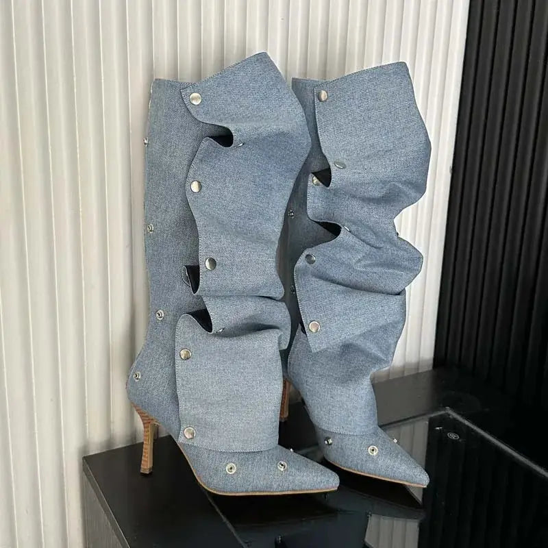 Women’s Fashion Buckle Stitching Stiletto Heel Denim Pleated Pile Style Boots