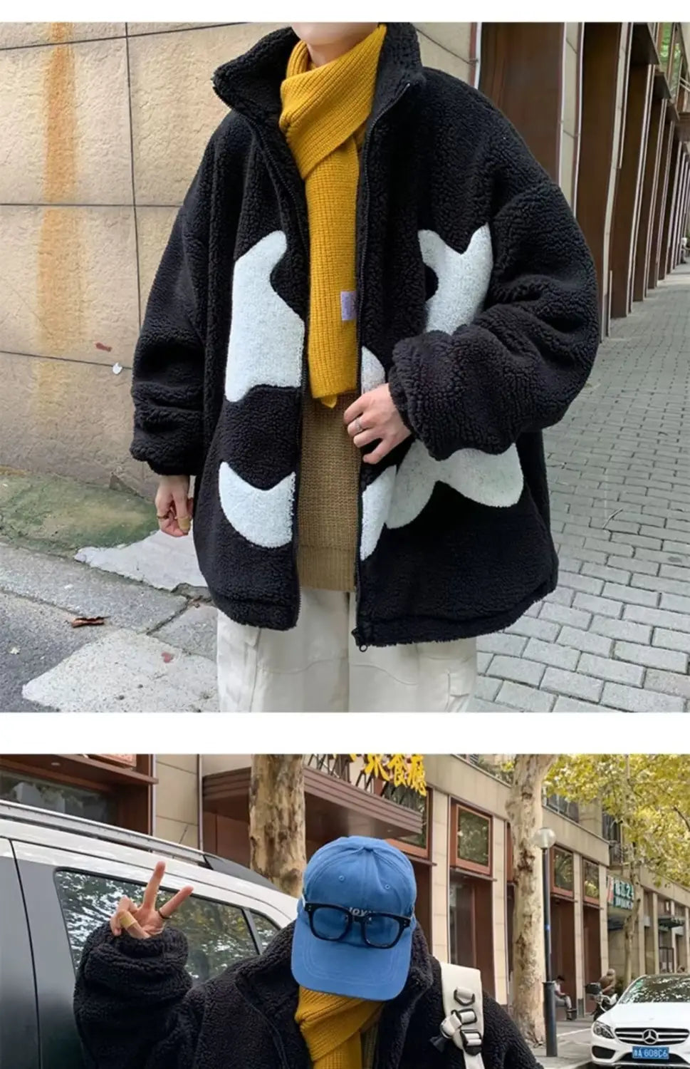 Stand Collar Winter Fleece-lined Thickening Embroidery Loose All-match Lamb Wool Coat For Men