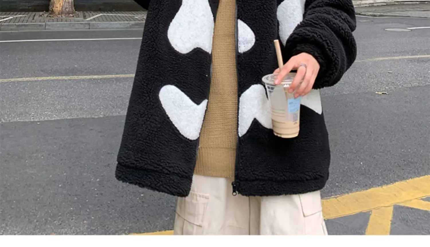 Stand Collar Winter Fleece-lined Thickening Embroidery Loose All-match Lamb Wool Coat For Men