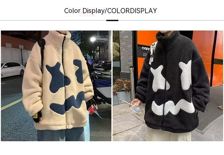 Stand Collar Winter Fleece-lined Thickening Embroidery Loose All-match Lamb Wool Coat For Men