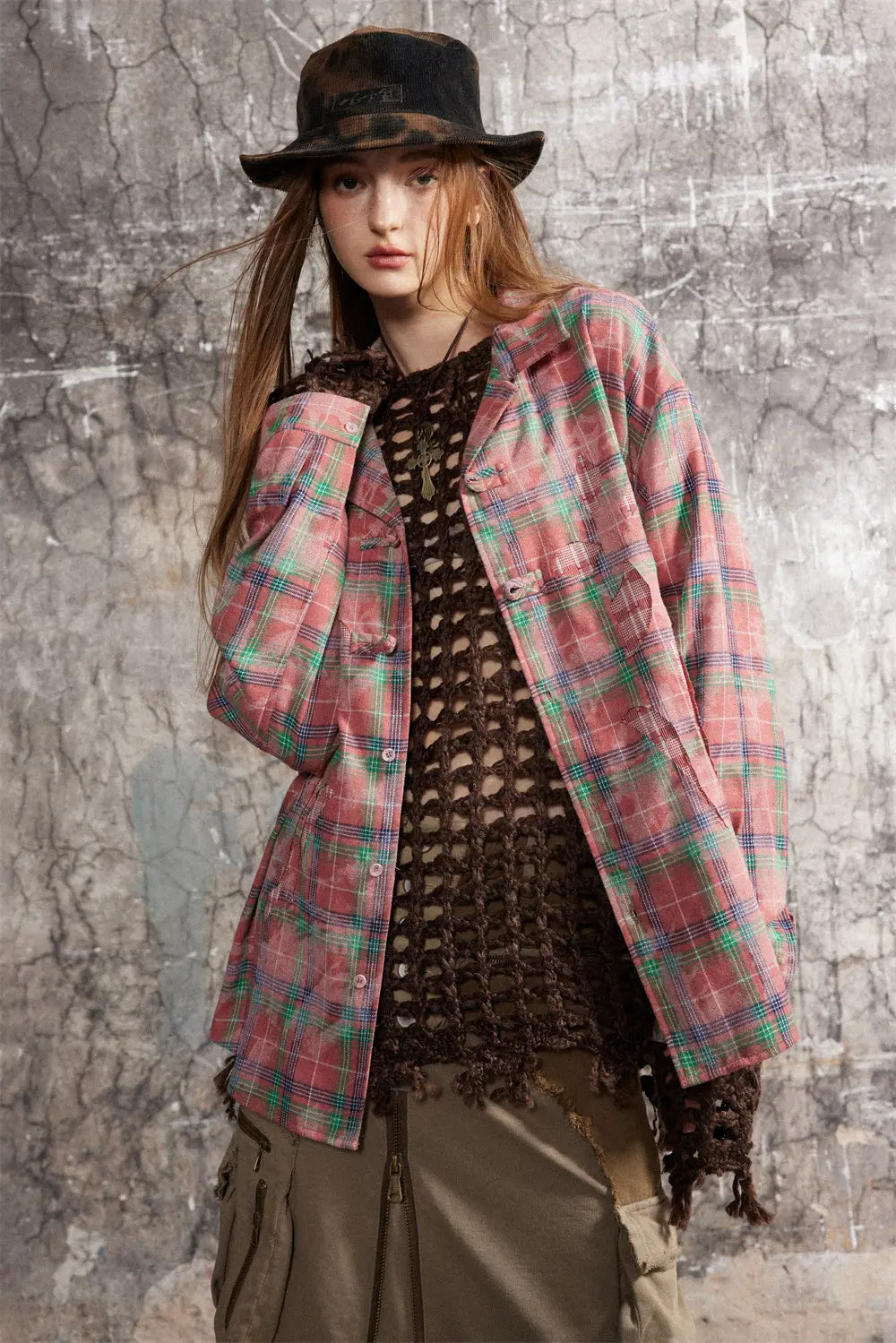 European And American Style Cuban Collar Long Sleeve Plaid Shirt For Men