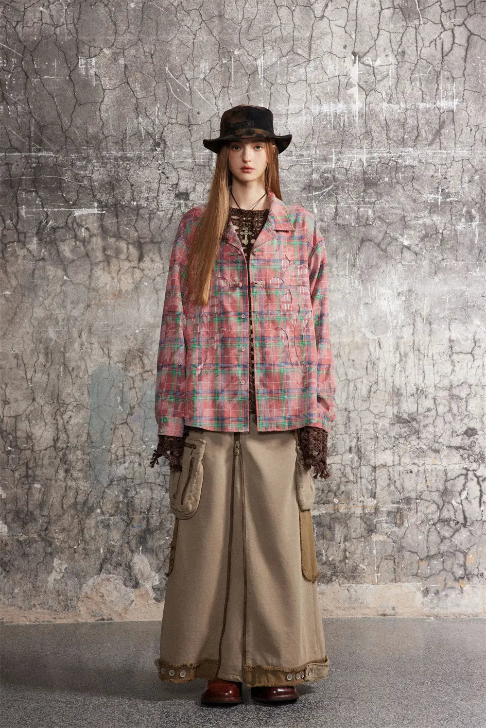 European And American Style Cuban Collar Long Sleeve Plaid Shirt For Men