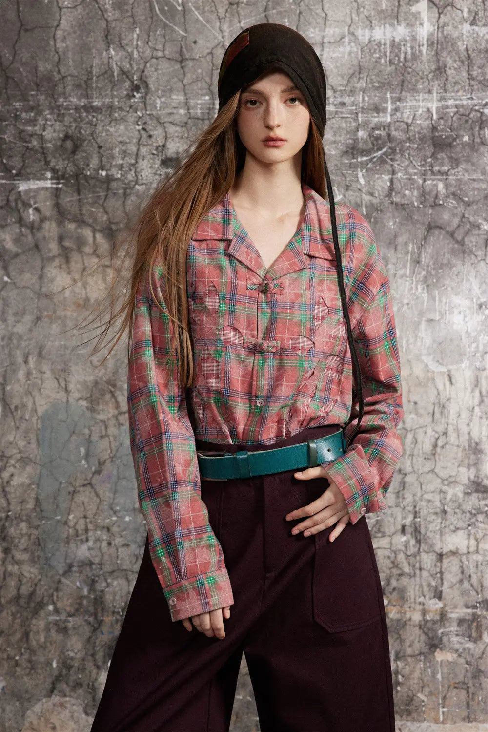 European And American Style Cuban Collar Long Sleeve Plaid Shirt For Men