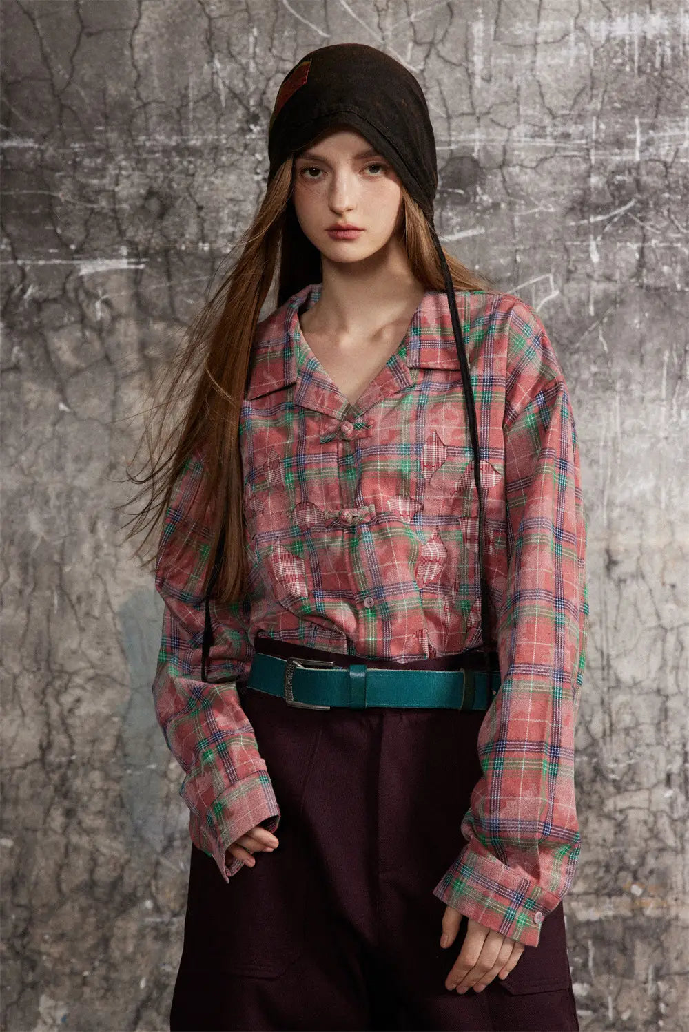 European And American Style Cuban Collar Long Sleeve Plaid Shirt For Men