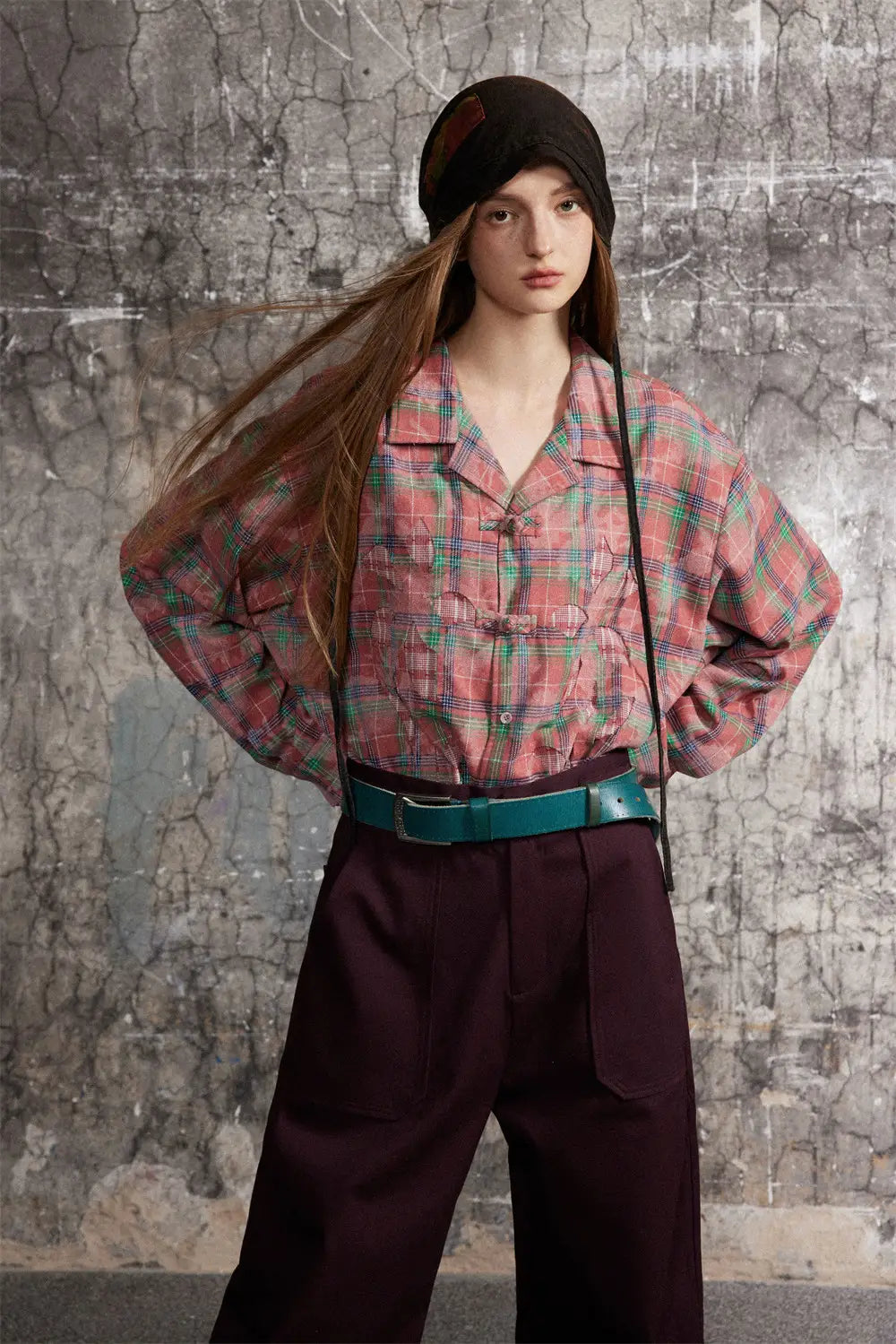 European And American Style Cuban Collar Long Sleeve Plaid Shirt For Men