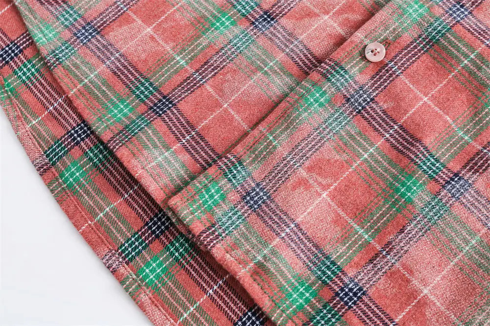 European And American Style Cuban Collar Long Sleeve Plaid Shirt For Men