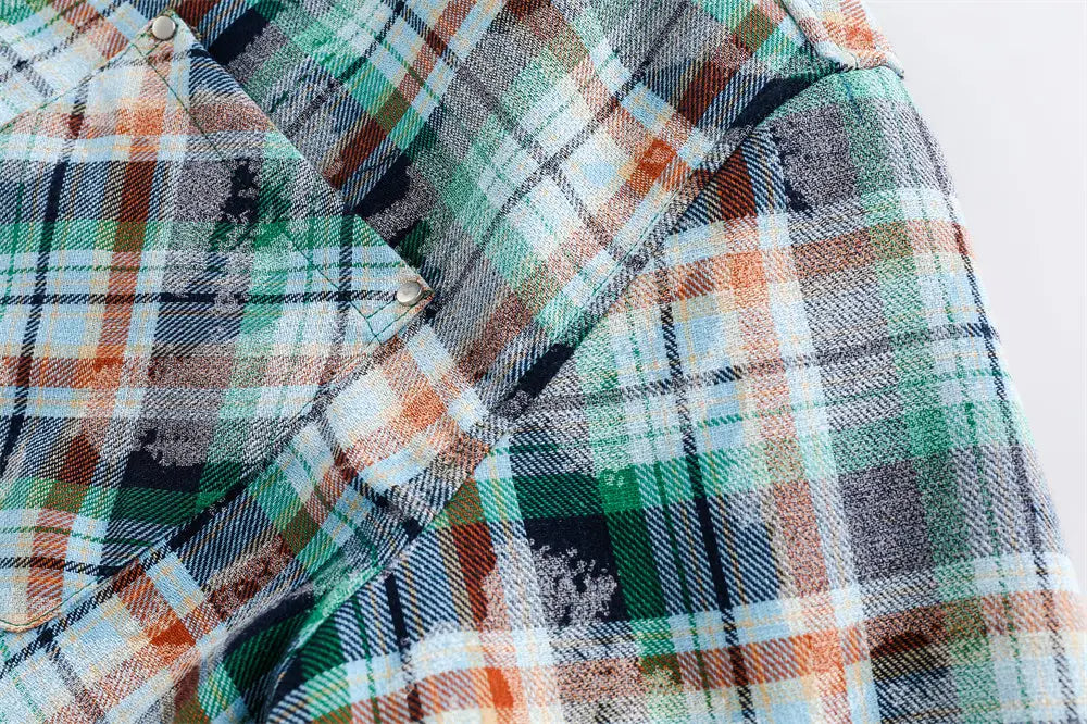 Distressed Plaid Long-sleeved Shirt For Men