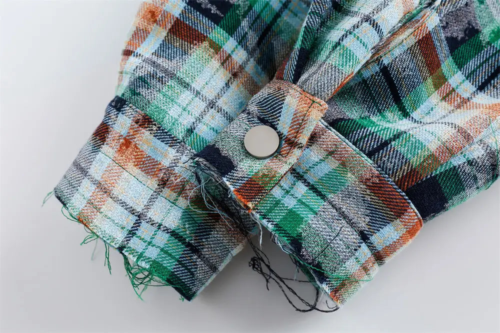 Distressed Plaid Long-sleeved Shirt For Men