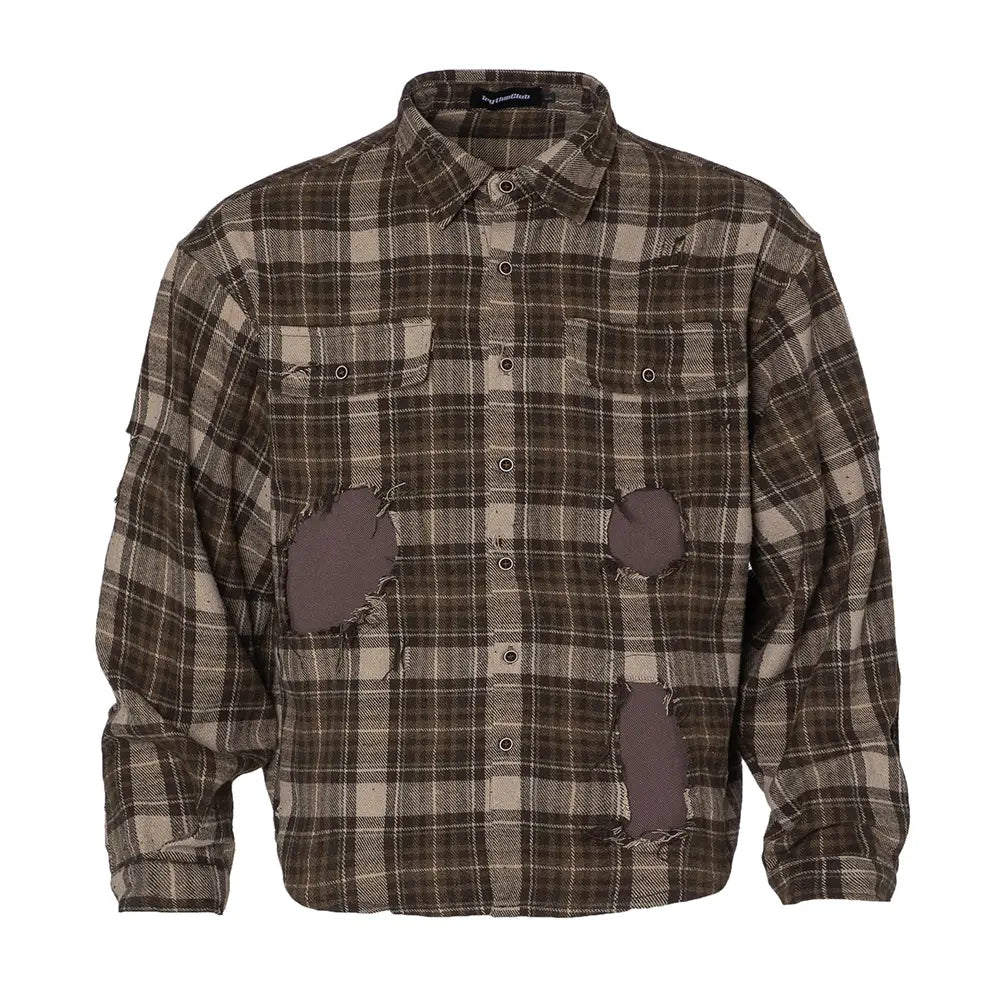 Plaid Long Sleeve Shirt Men Punk Trendy Hole & Patch