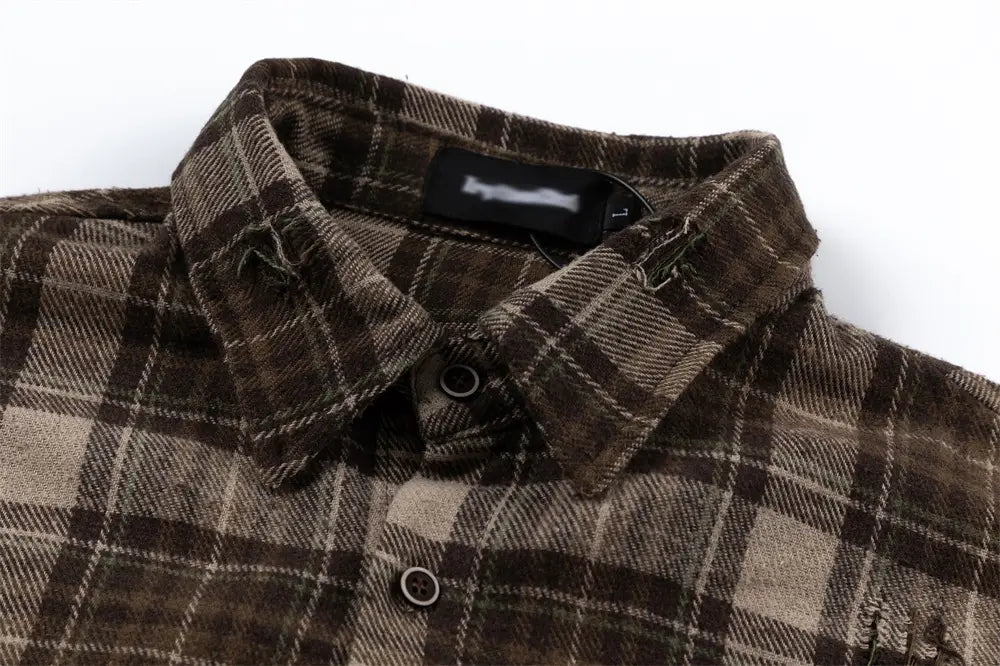 Plaid Long Sleeve Shirt Men Punk Trendy Hole & Patch