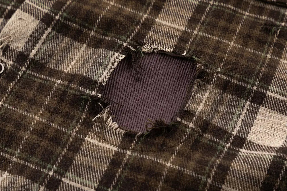 Plaid Long Sleeve Shirt Men Punk Trendy Hole & Patch