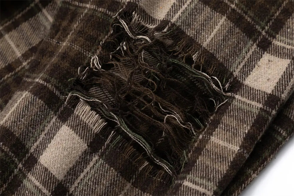 Plaid Long Sleeve Shirt Men Punk Trendy Hole & Patch