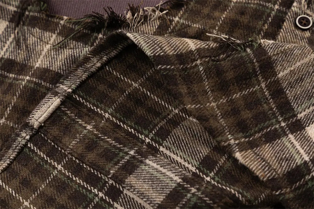 Plaid Long Sleeve Shirt Men Punk Trendy Hole & Patch