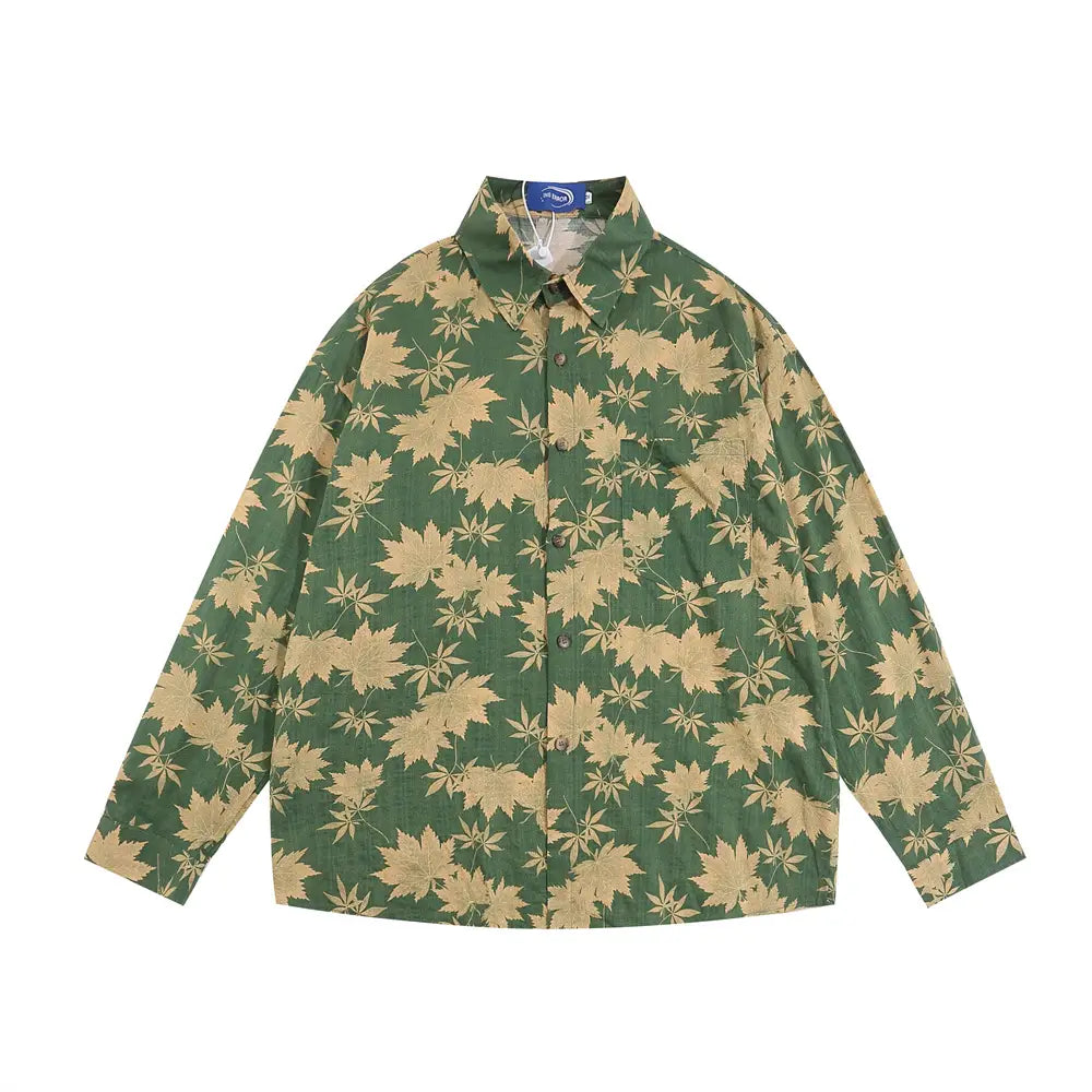 Full Printed Maple Leaf Long Sleeve Shirt Men Spring And Autumn Japanese Style
