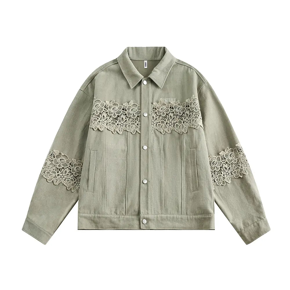Stitching Hollow Lace Lapel Denim Coat Men
