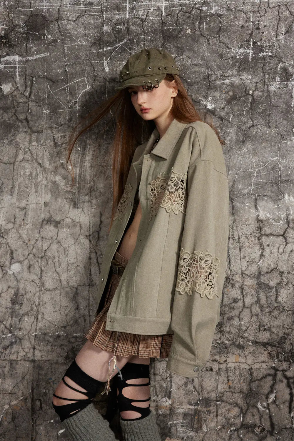 Stitching Hollow Lace Lapel Denim Coat Men