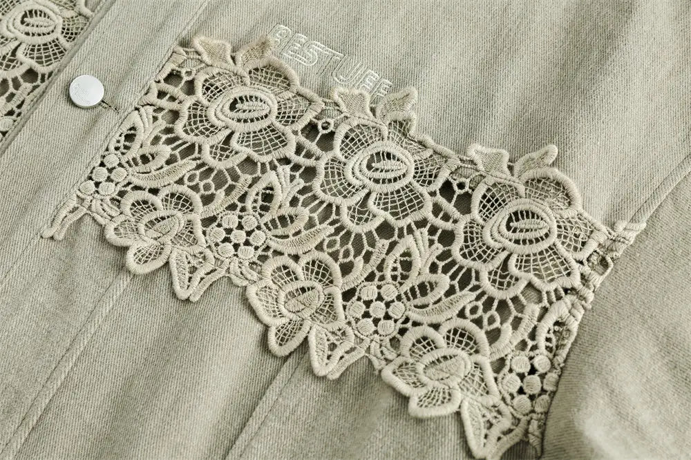 Stitching Hollow Lace Lapel Denim Coat Men