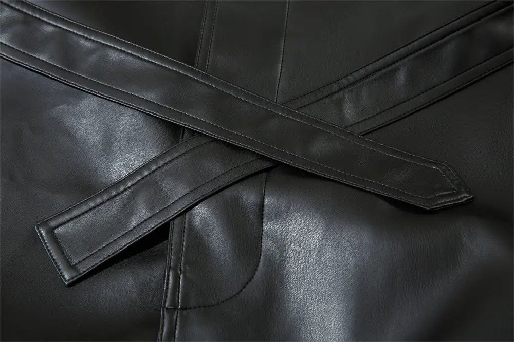 American Style With Belt Mid-length PU Leather Coat For Men Autumn And Winter