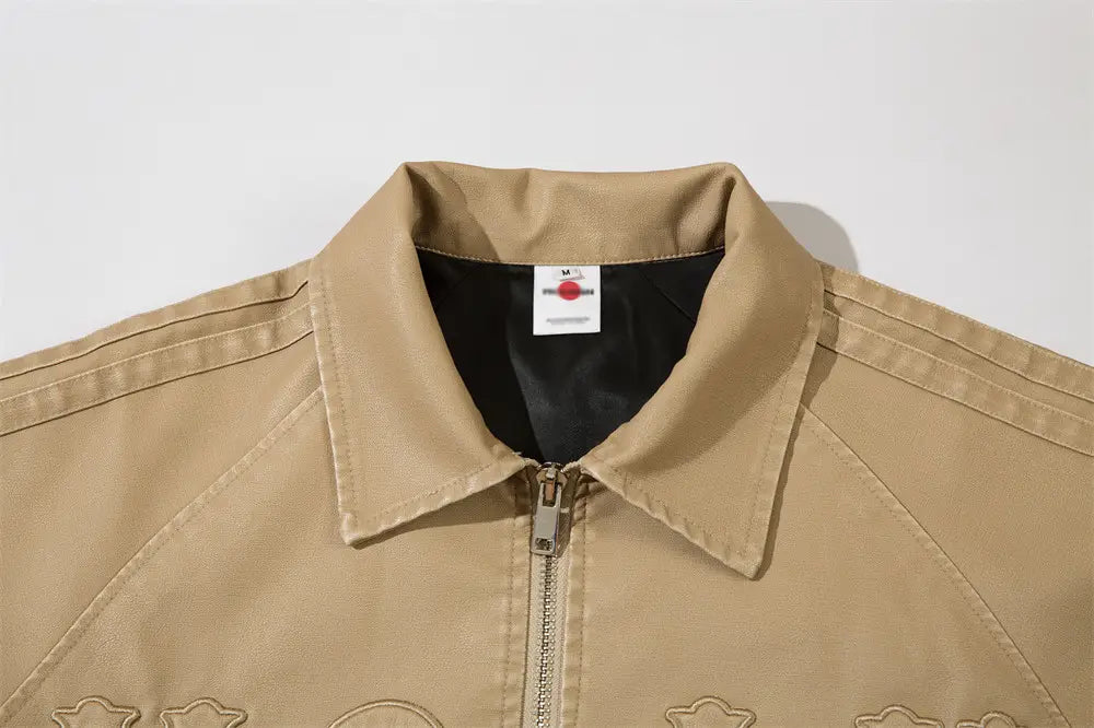 Letter Embroidery Pu Leather Coat Men