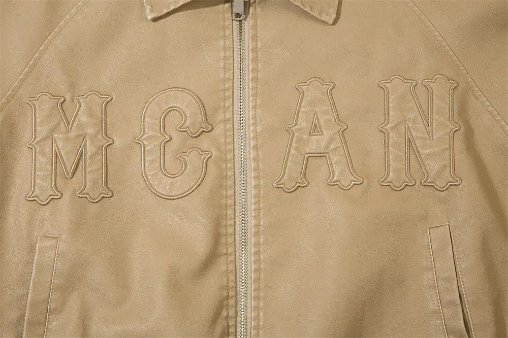 Letter Embroidery Pu Leather Coat Men