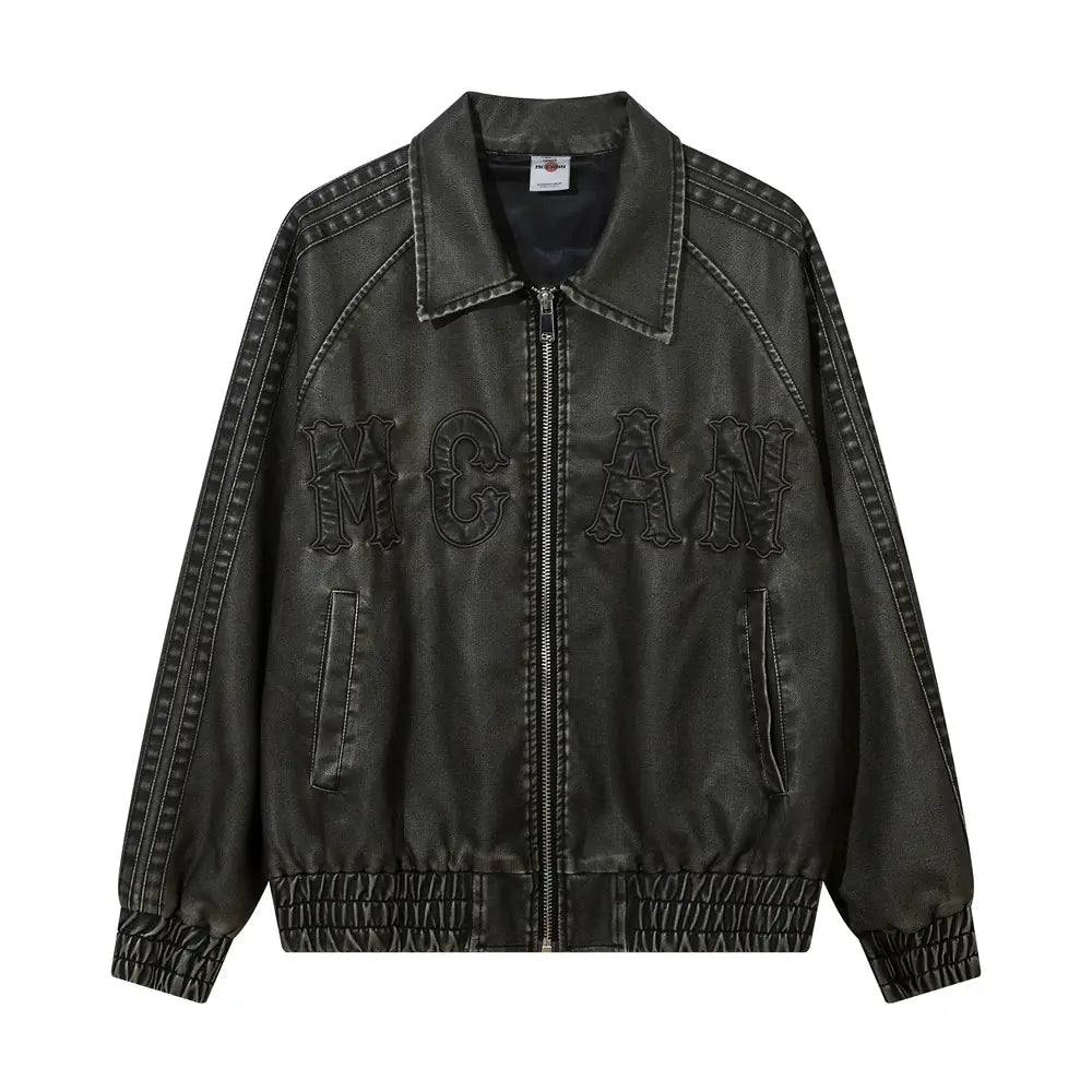 Letter Embroidery Pu Leather Coat Men