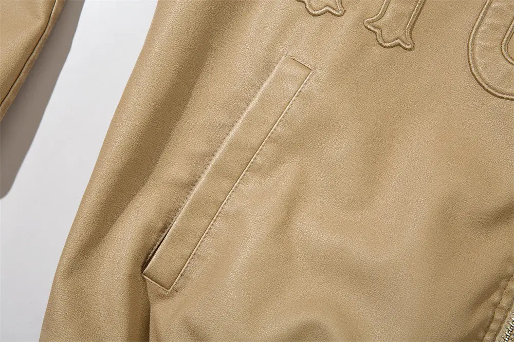 Letter Embroidery Pu Leather Coat Men