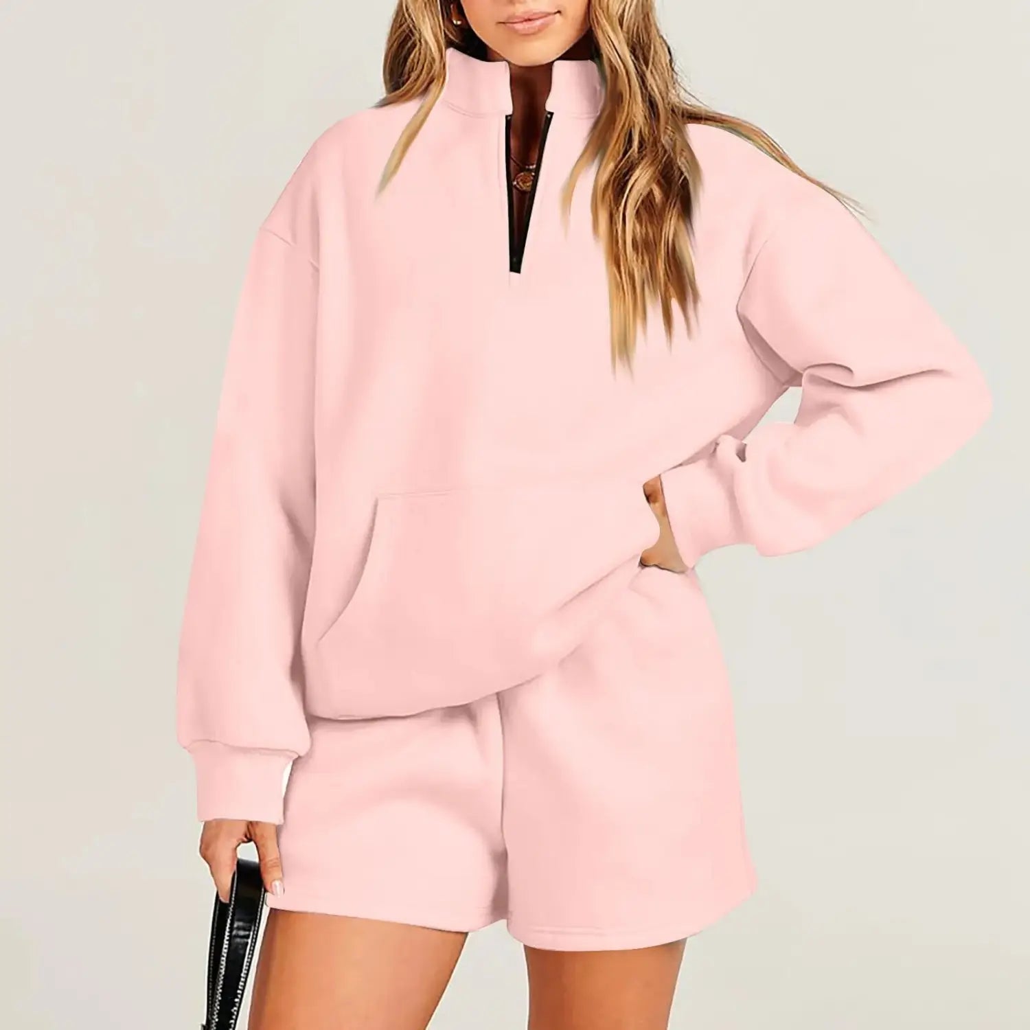 Women’s Fashion Solid Color Stand Collar Half Zip Pullover Long Sleeve Sweater Shorts Suit