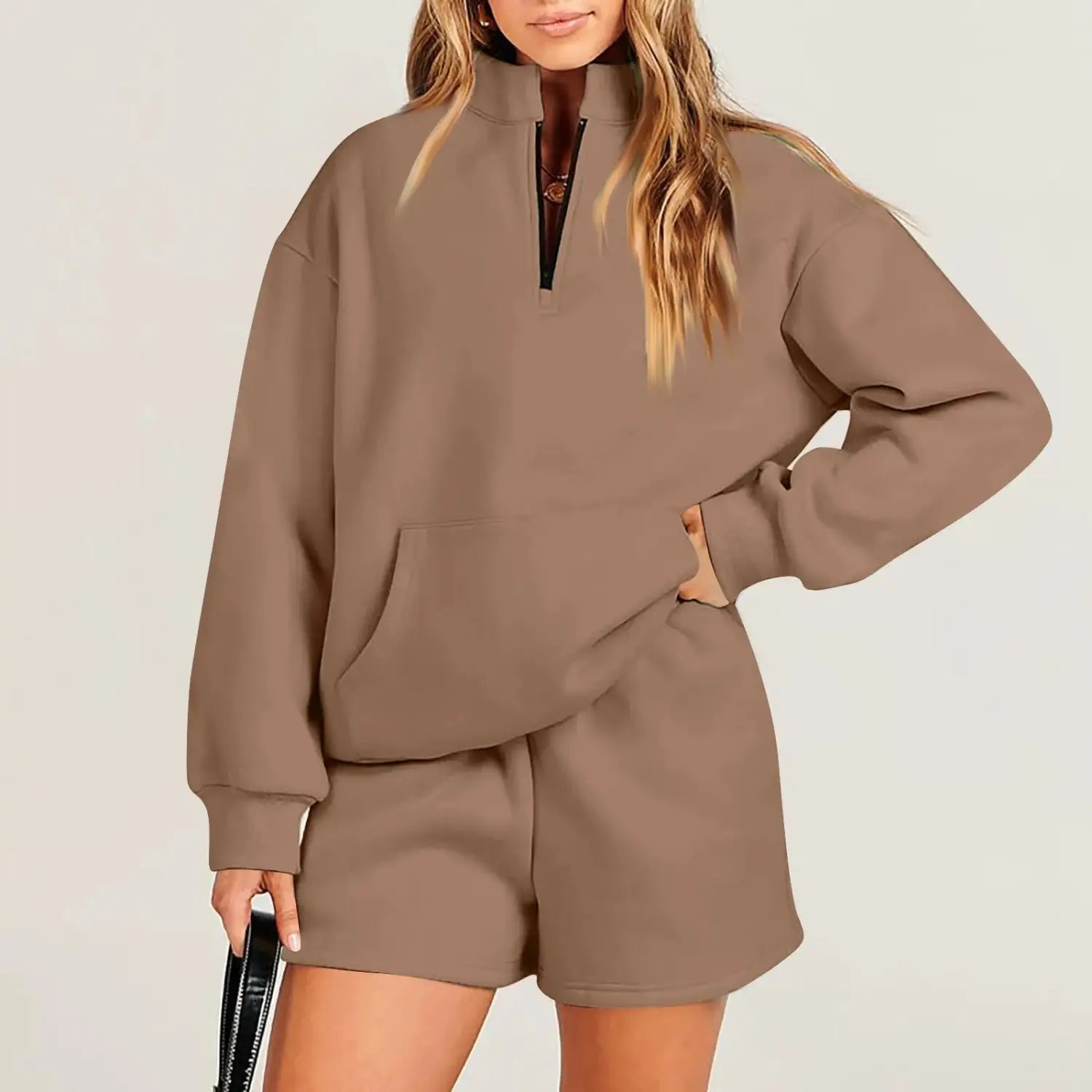 Women’s Fashion Solid Color Stand Collar Half Zip Pullover Long Sleeve Sweater Shorts Suit