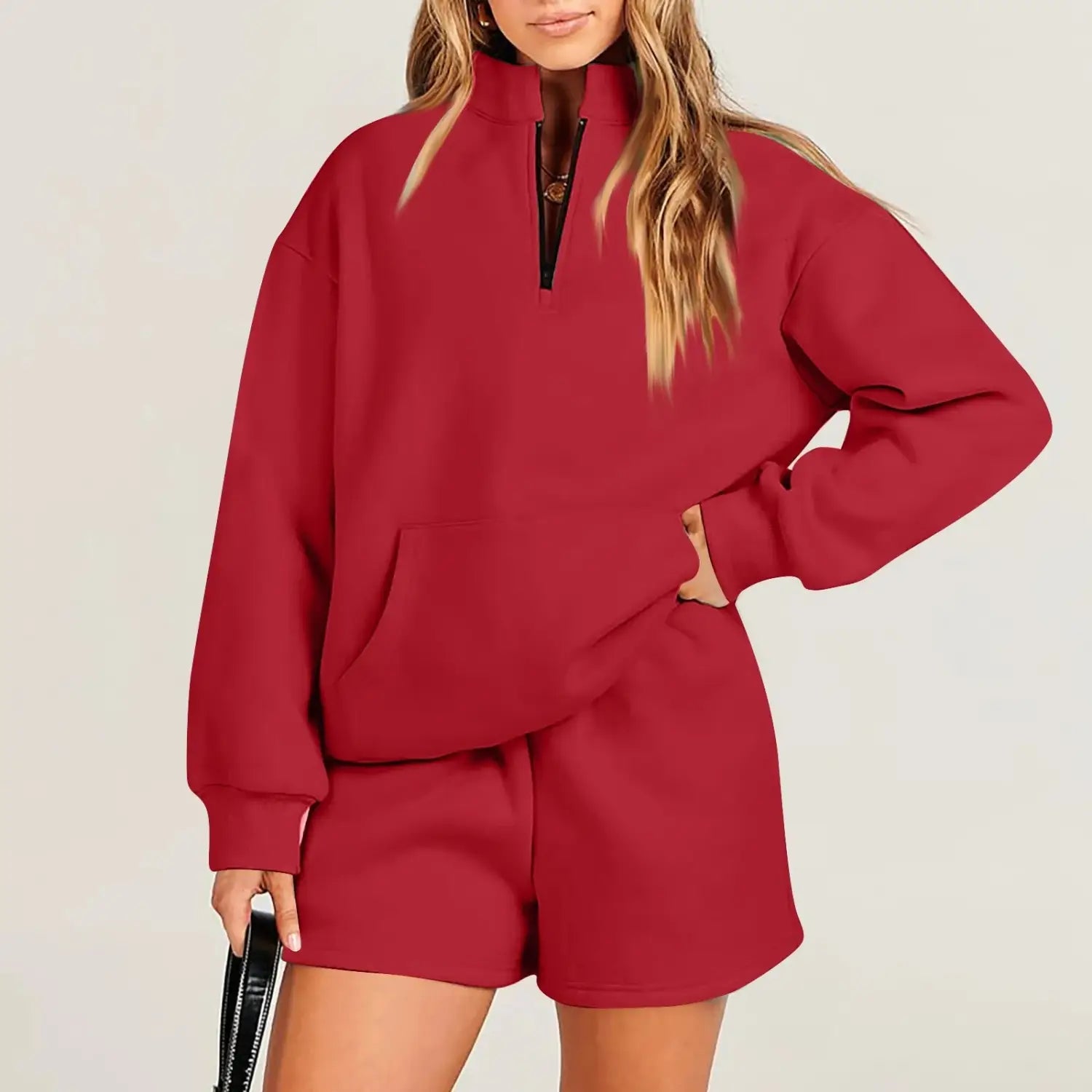Women’s Fashion Solid Color Stand Collar Half Zip Pullover Long Sleeve Sweater Shorts Suit