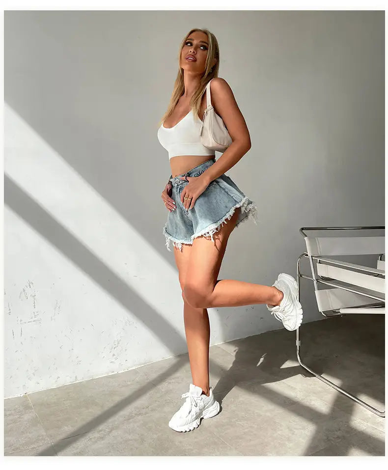 High Waist Loose-fitting Tassel Denim Shorts For Women