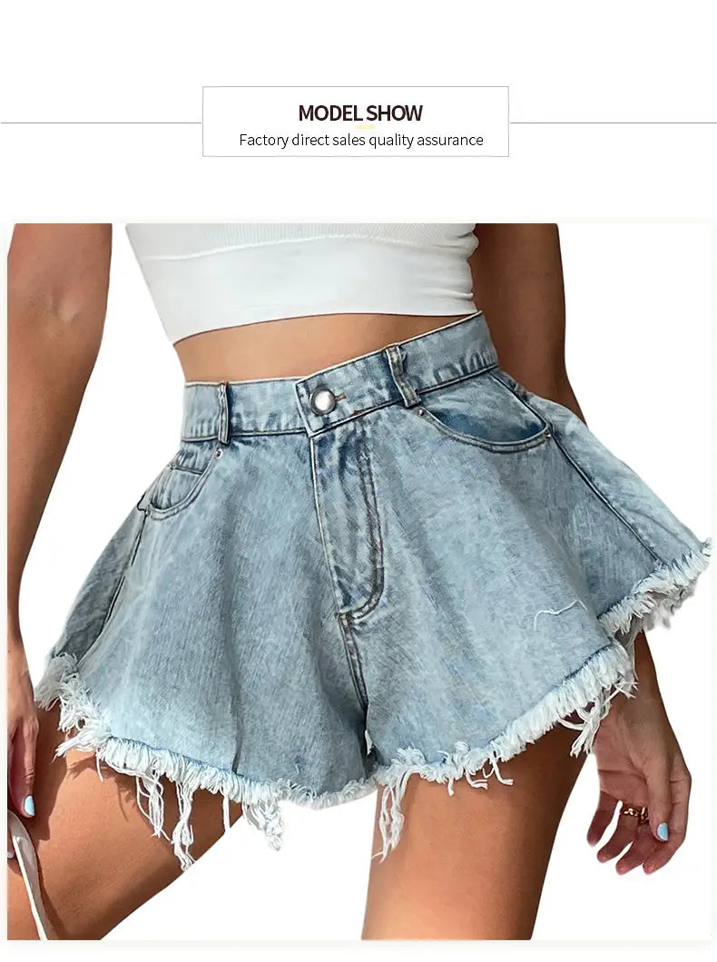 High Waist Loose-fitting Tassel Denim Shorts For Women