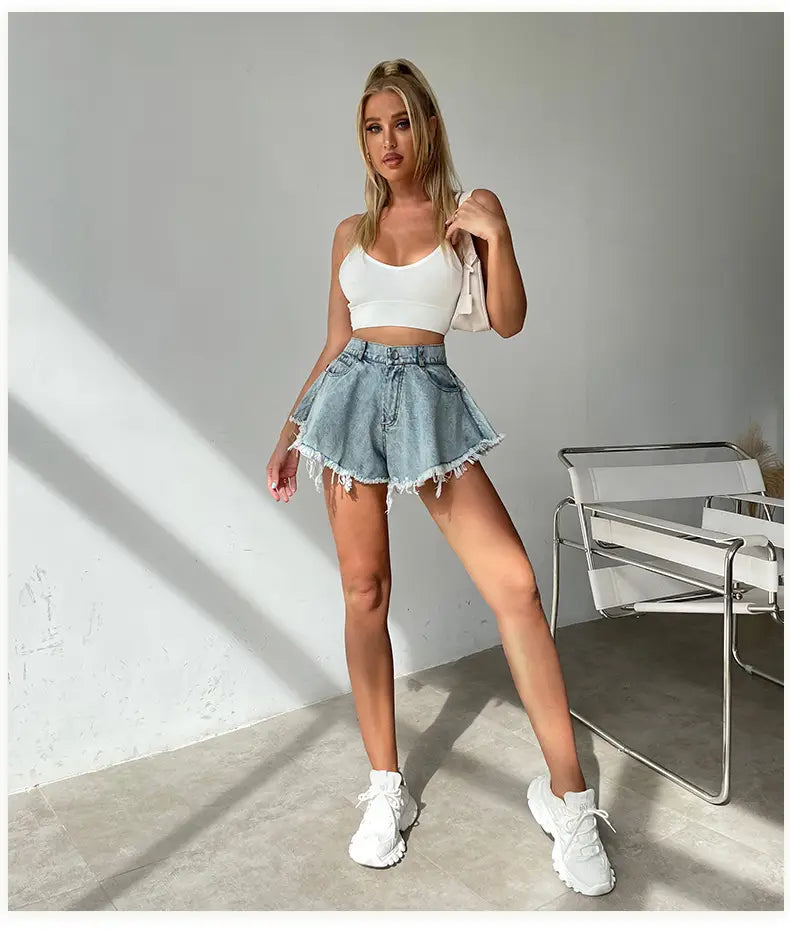 High Waist Loose-fitting Tassel Denim Shorts For Women