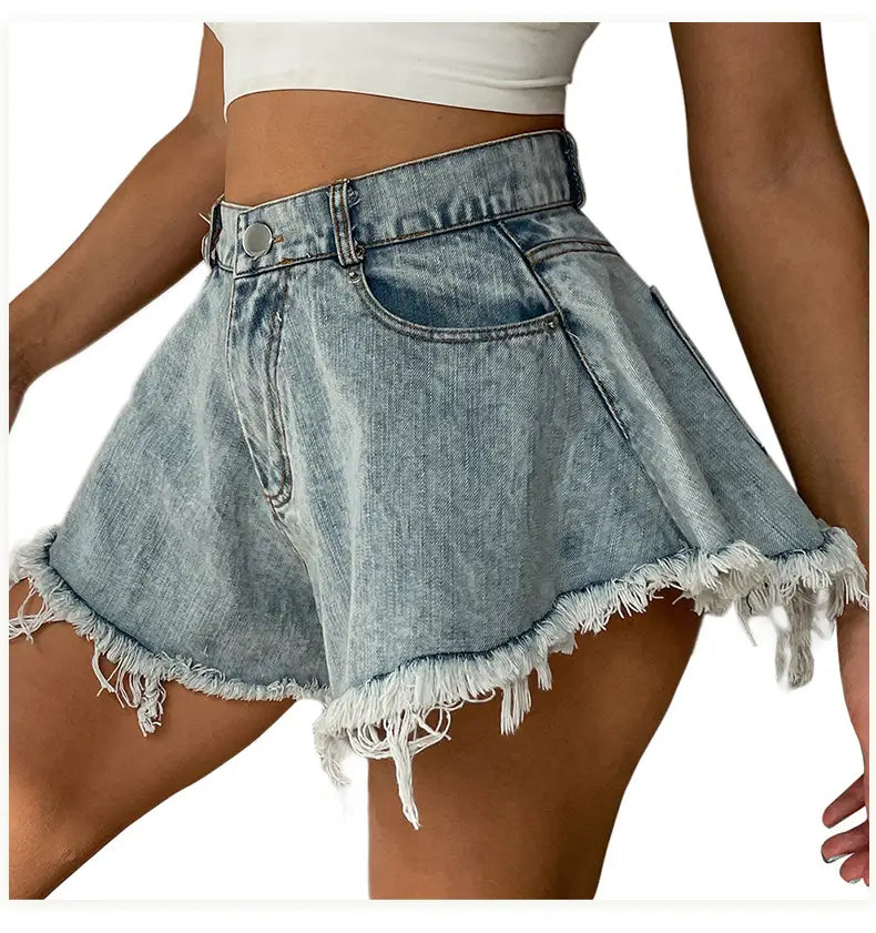 High Waist Loose-fitting Tassel Denim Shorts For Women