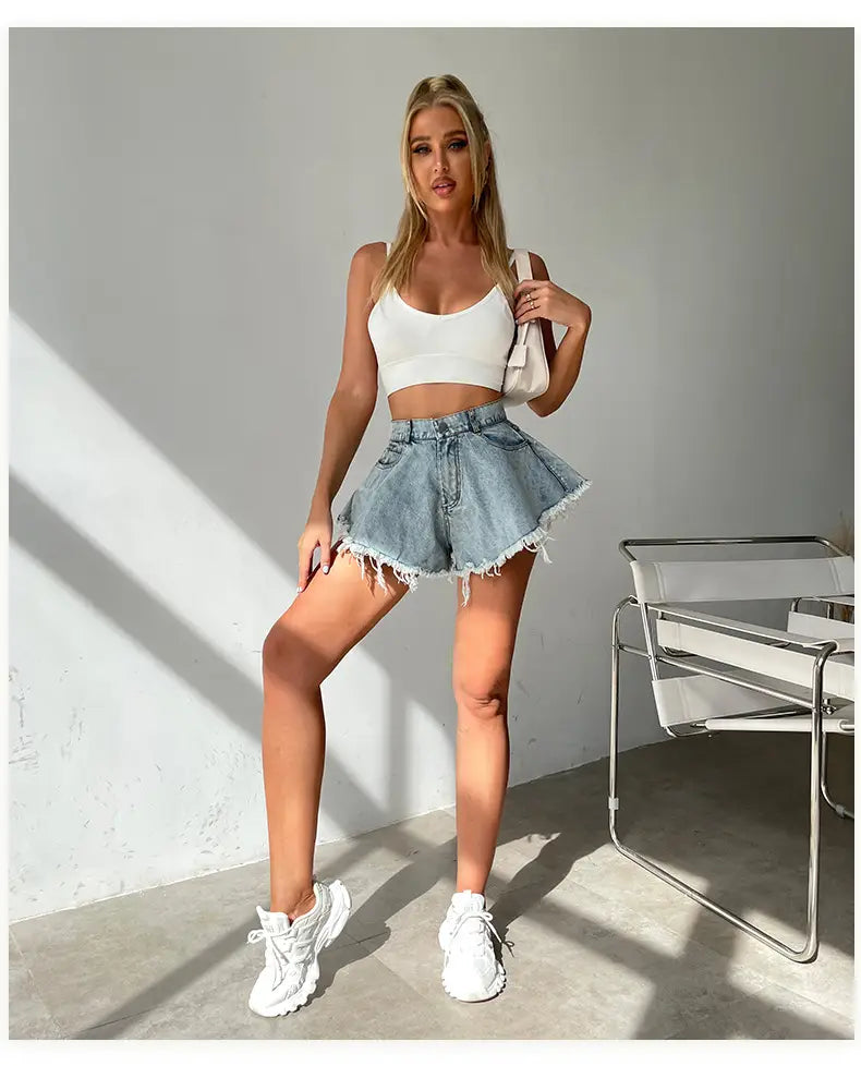 High Waist Loose-fitting Tassel Denim Shorts For Women