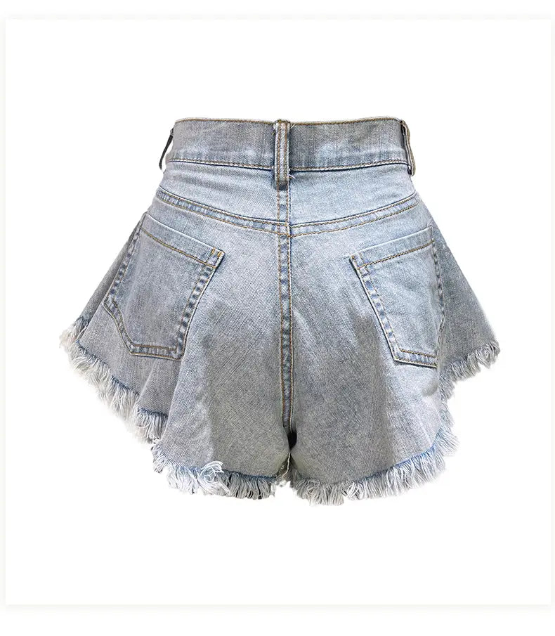 High Waist Loose-fitting Tassel Denim Shorts For Women