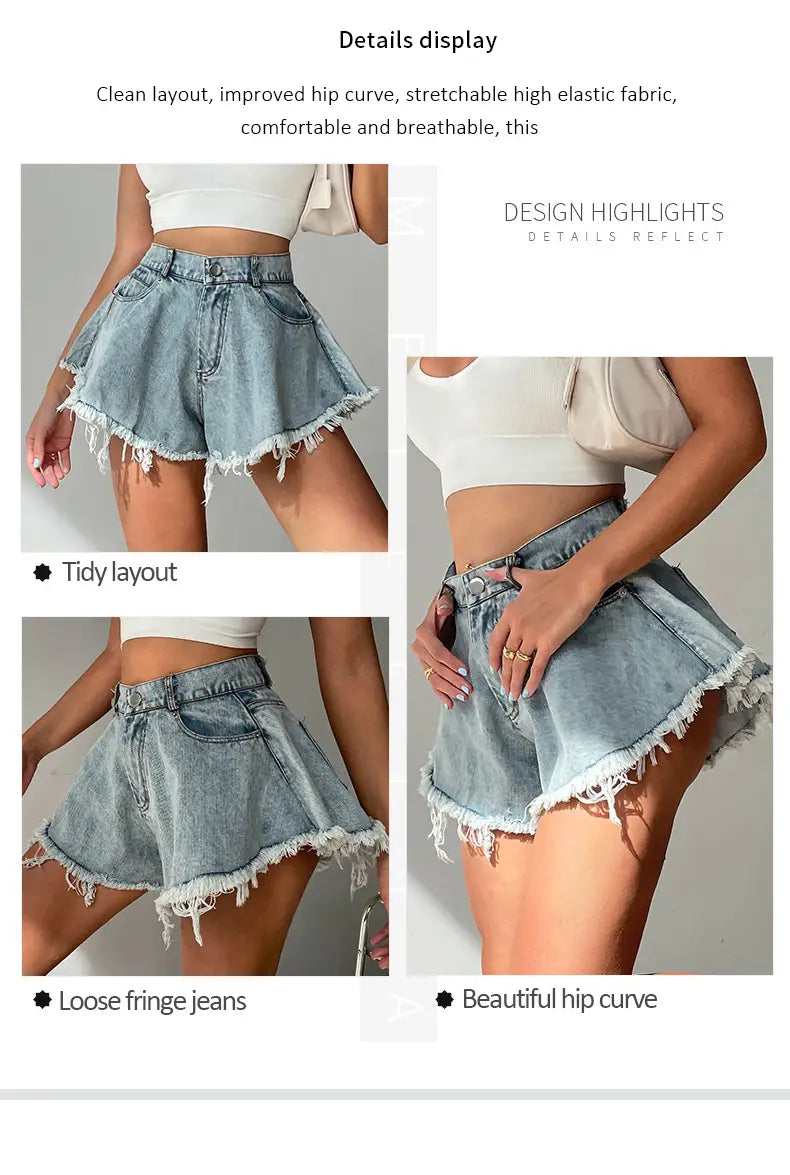 High Waist Loose-fitting Tassel Denim Shorts For Women