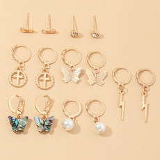 Gold-toned Multi-Element Lightning Cross Small Earring Set showcasing elegant design.