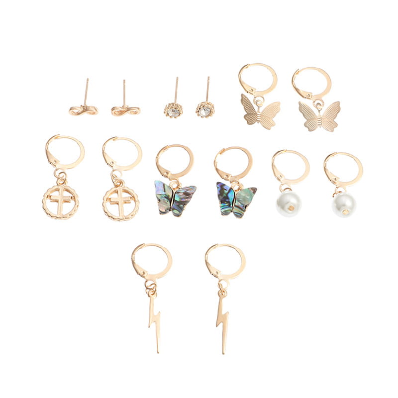 Assorted gold-tone earrings in Multi-Element Lightning Cross Small Earring Set.
