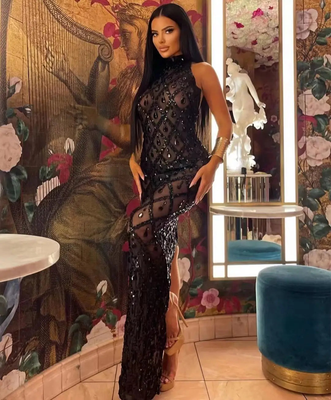 Plus Size Women’s Evening Party Shiny Rhinestone Dress