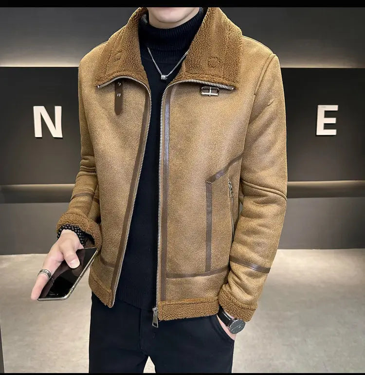 Winter Fur Integrated Lamb Fur Fleece-lined Thick Leather Coat Men