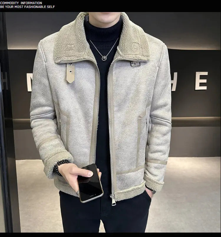 Winter Fur Integrated Lamb Fur Fleece-lined Thick Leather Coat Men