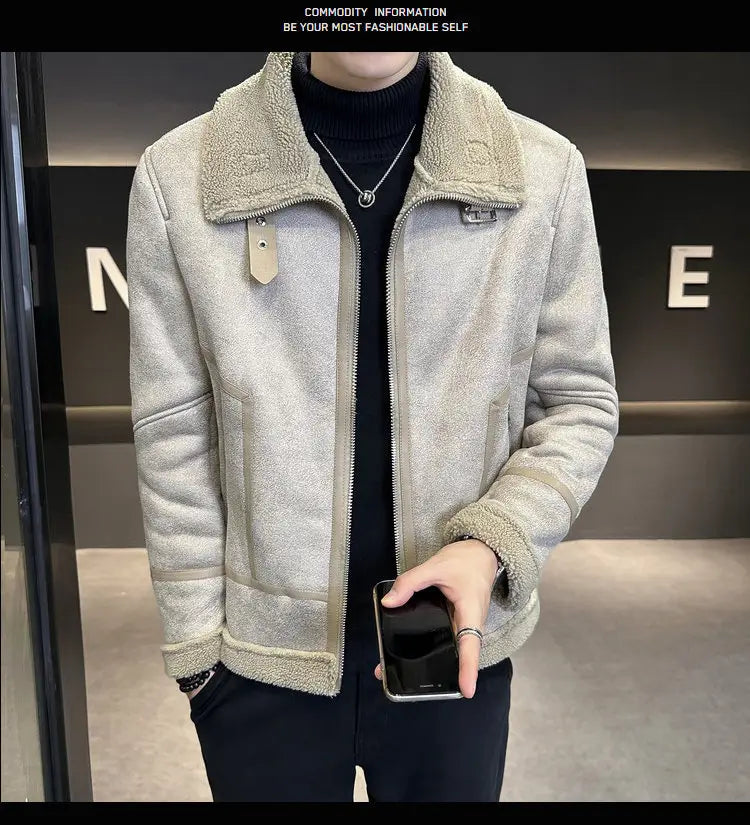 Winter Fur Integrated Lamb Fur Fleece-lined Thick Leather Coat Men