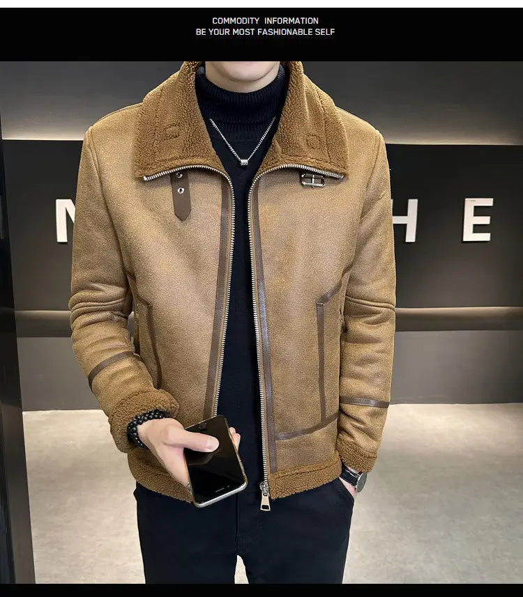 Winter Fur Integrated Lamb Fur Fleece-lined Thick Leather Coat Men