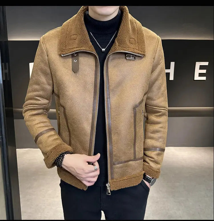 Winter Fur Integrated Lamb Fur Fleece-lined Thick Leather Coat Men
