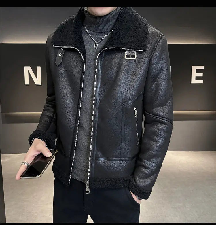 Winter Fur Integrated Lamb Fur Fleece-lined Thick Leather Coat Men